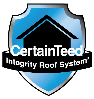 CertainTeed Integrity Roof System logo featuring a shield design with blue background and house icon, emphasizing quality roofing solutions.